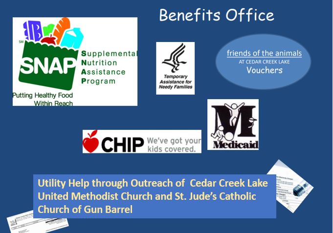 A collage of benefits office items and logos.