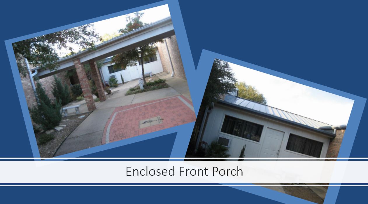A collage of two pictures with the words enclosed front porch