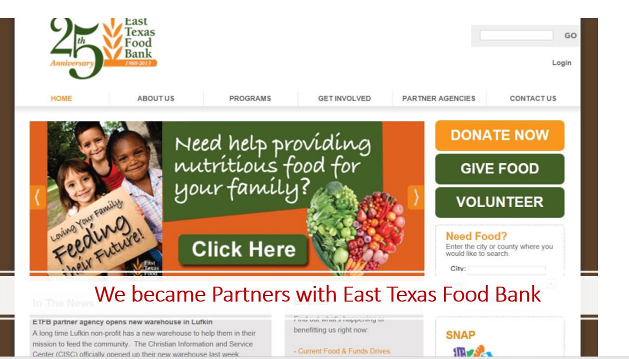 A screen shot of the east texas food bank website.